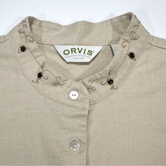 Orvis Womens Size Large Linen Blend Vintage Button Down Shirt Beaded Embroidered - Picture 3 of 11